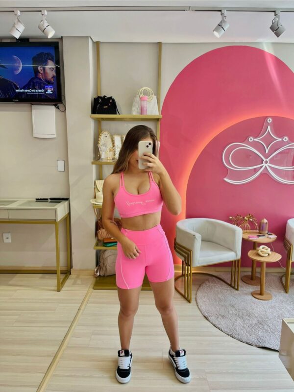 Conjunto Fitness Short e Topper Rosa Neon